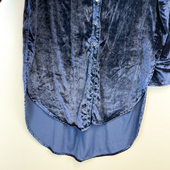 Maeve Anthropologie Size 0 US Blue Velvet Hi-Low Button Down Tunic Shirt VNeck - Picture 4 of 11
